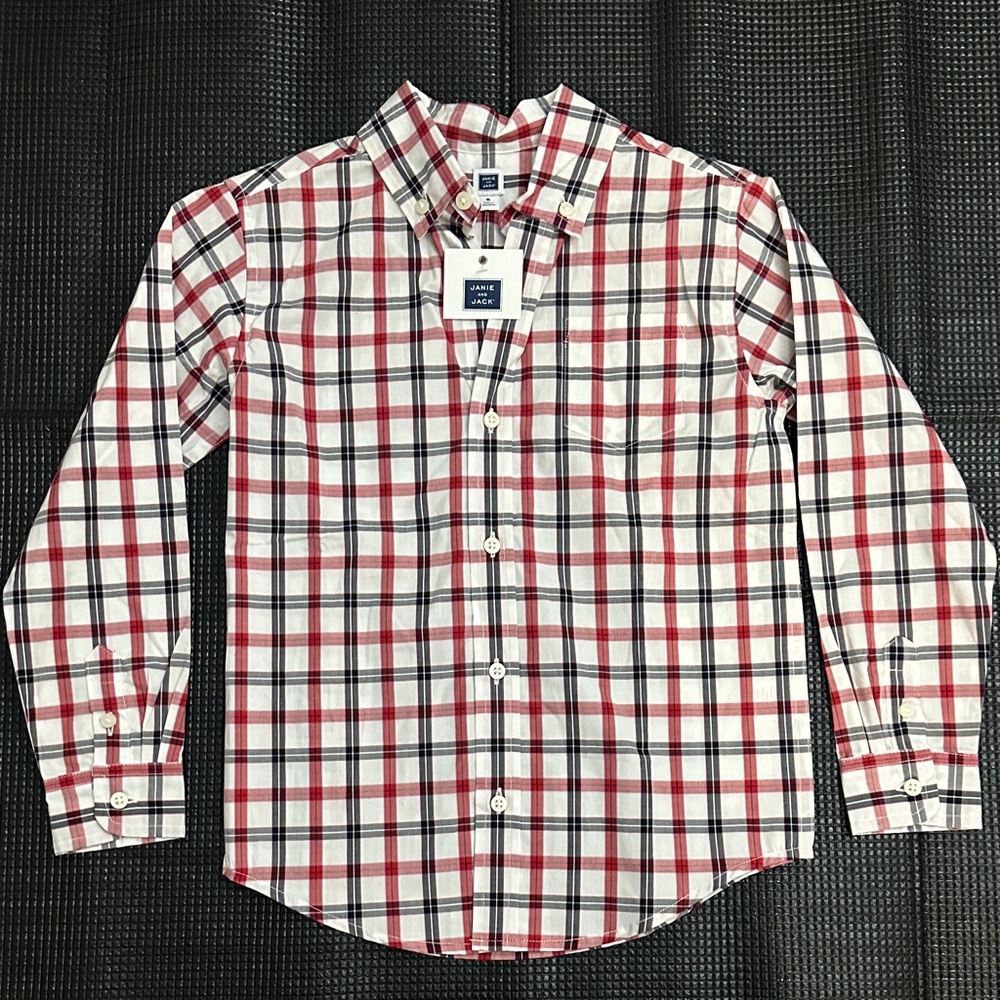 Janie and Jack boys' long-sleeve plaid button-down shirt. 100% Cotton.